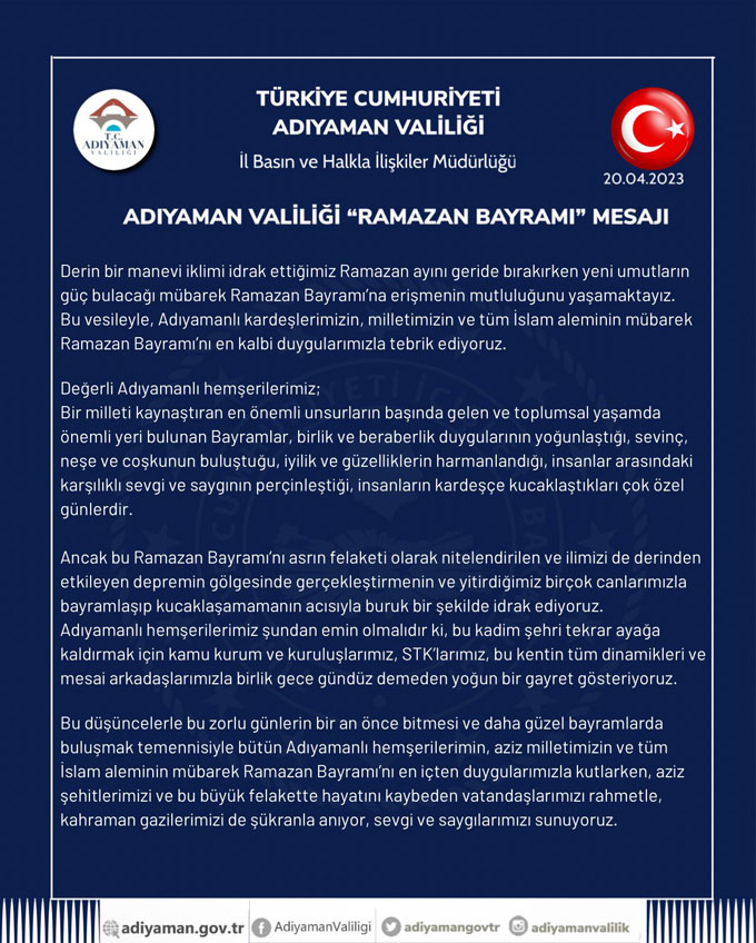 ADIYAMAN VALİLİĞİ “RAMAZAN BAYRAMI” MESAJI 